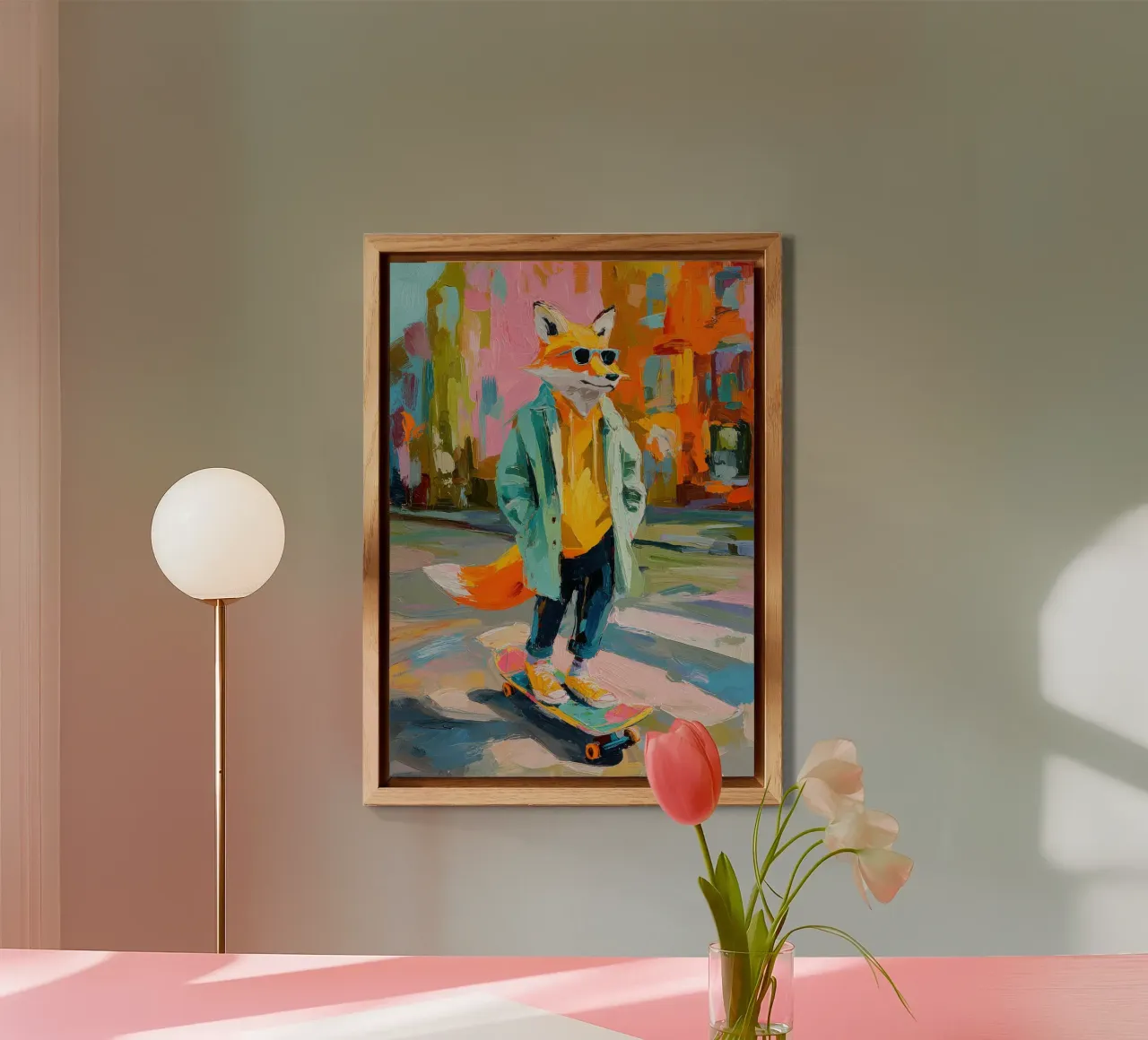 Volpe cool su uno skateboard alluminio dibond da Nikis Art Studio