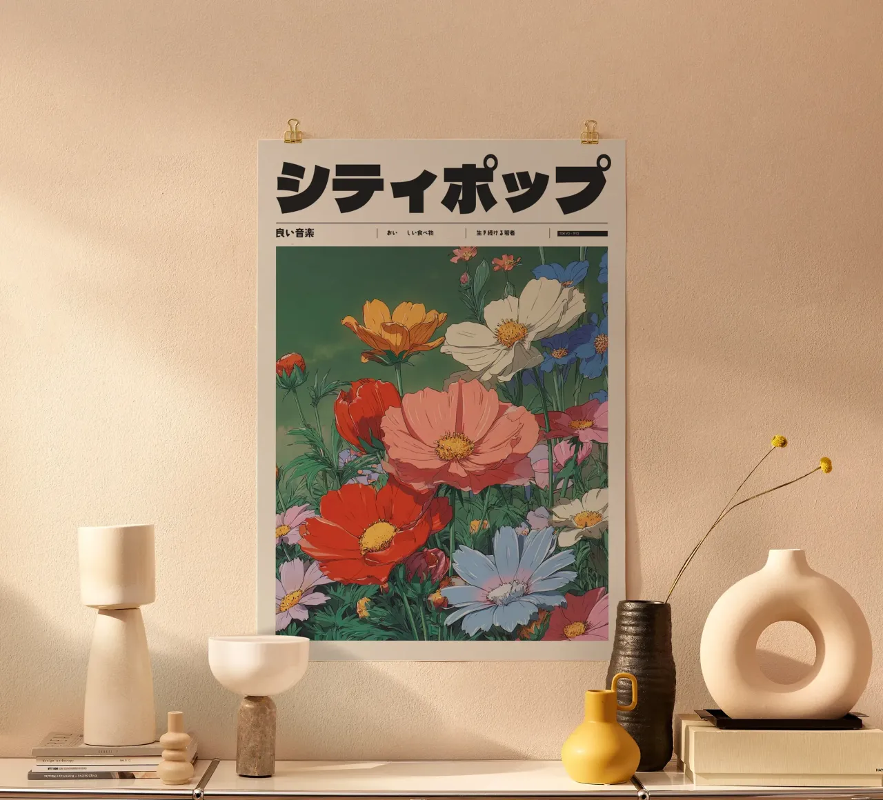 Città giapponese retrò pop campo di fiori stile Ghibli carta hahnemühle da Bakara