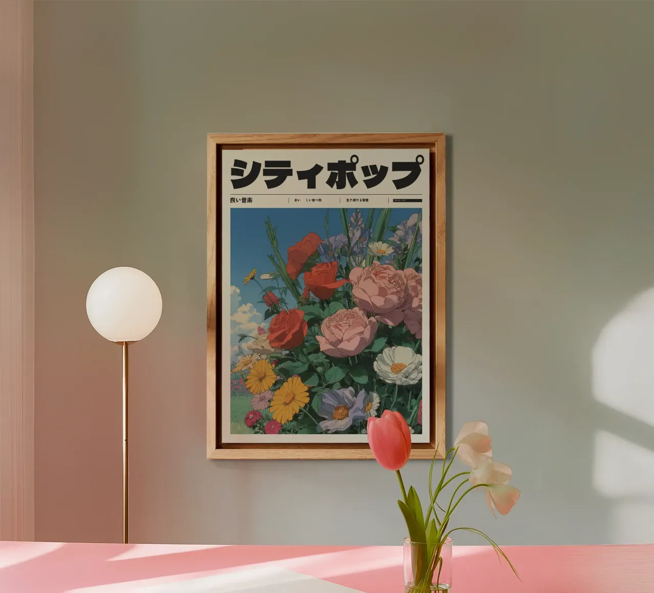 Città giapponese retrò pop campo di fiori stile Ghibli alluminio dibond da Bakara