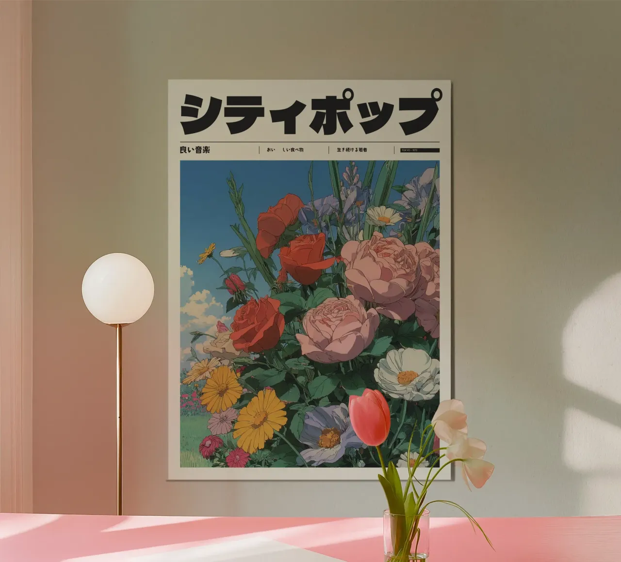 Città giapponese retrò pop campo di fiori stile Ghibli carta hahnemühle da Bakara