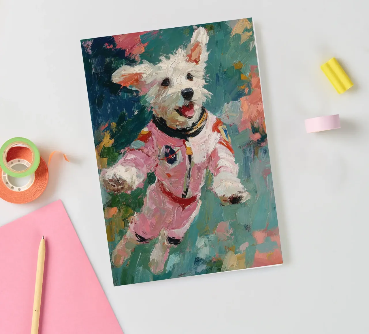Chien blanc en combinaison spatiale carnet de notes de Nikis Art Studio