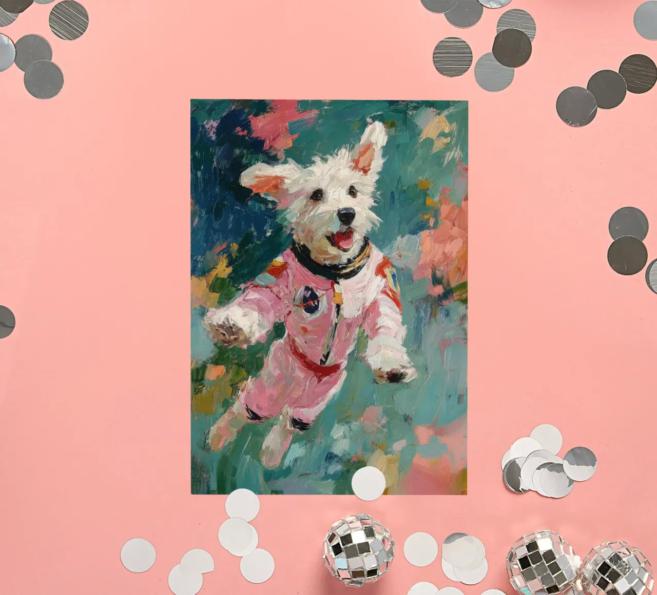 Chien blanc en combinaison spatiale autocollant de Nikis Art Studio