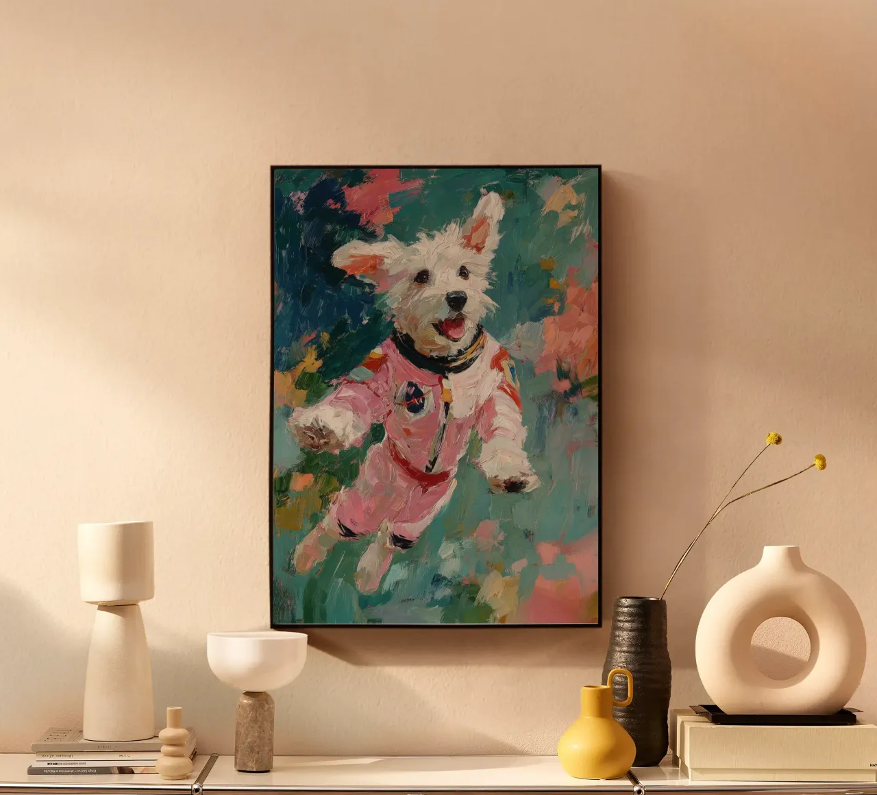 Witte hond in een ruimtepak acryl van Nikis Art Studio