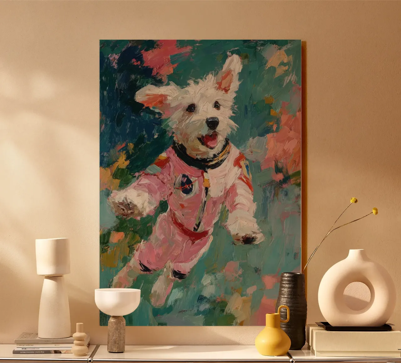 Witte hond in een ruimtepak acryl van Nikis Art Studio