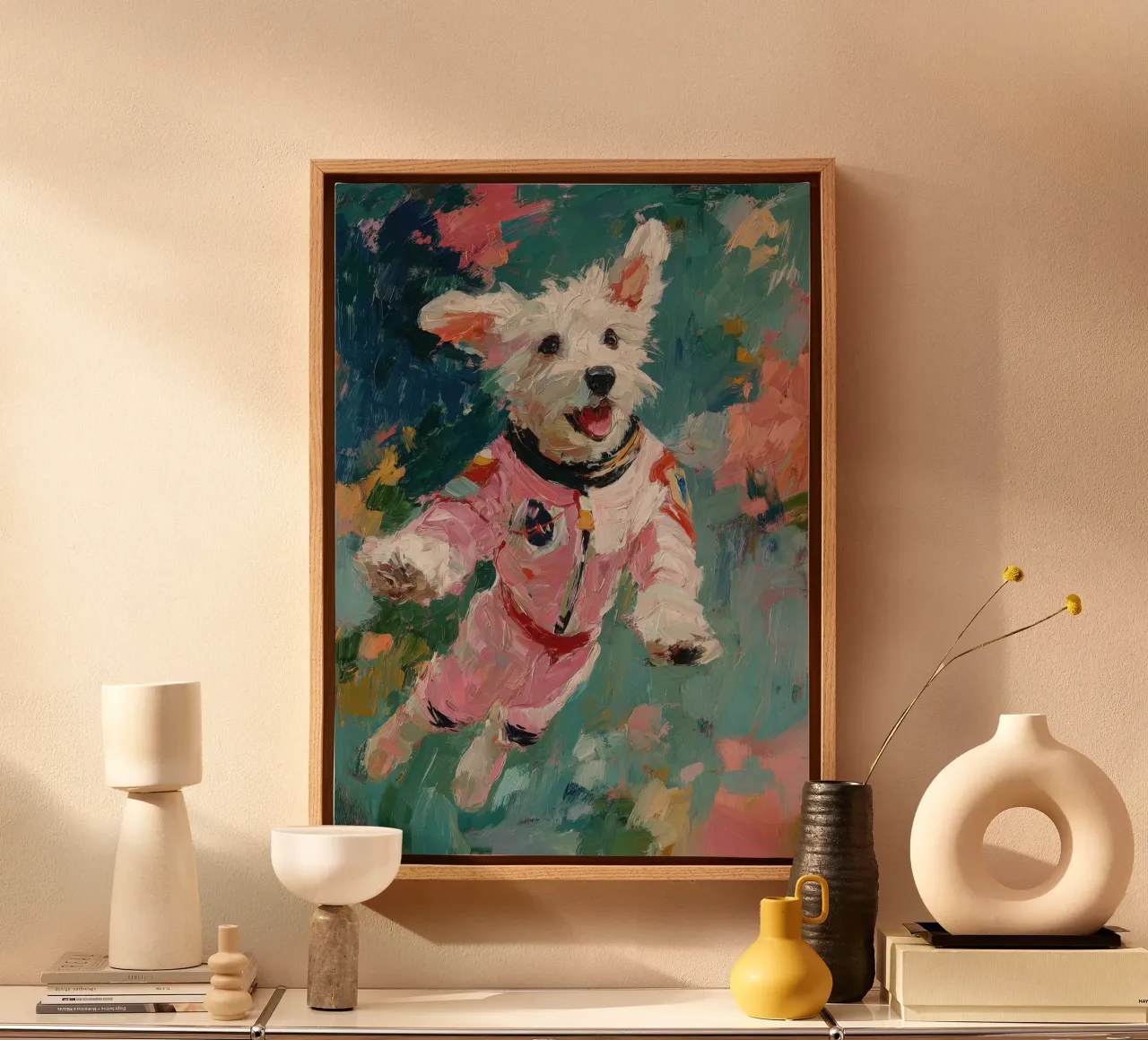 Witte hond in een ruimtepak canvas van Nikis Art Studio