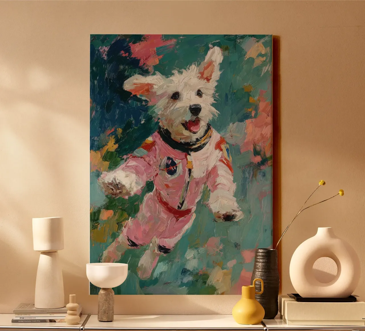Witte hond in een ruimtepak canvas van Nikis Art Studio
