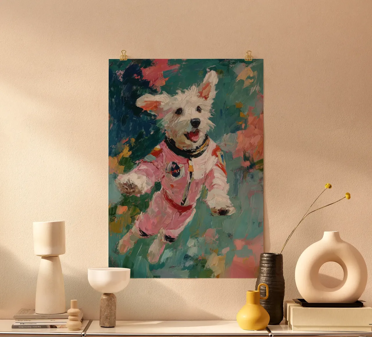Chien blanc en combinaison spatiale hahnemühle de Nikis Art Studio