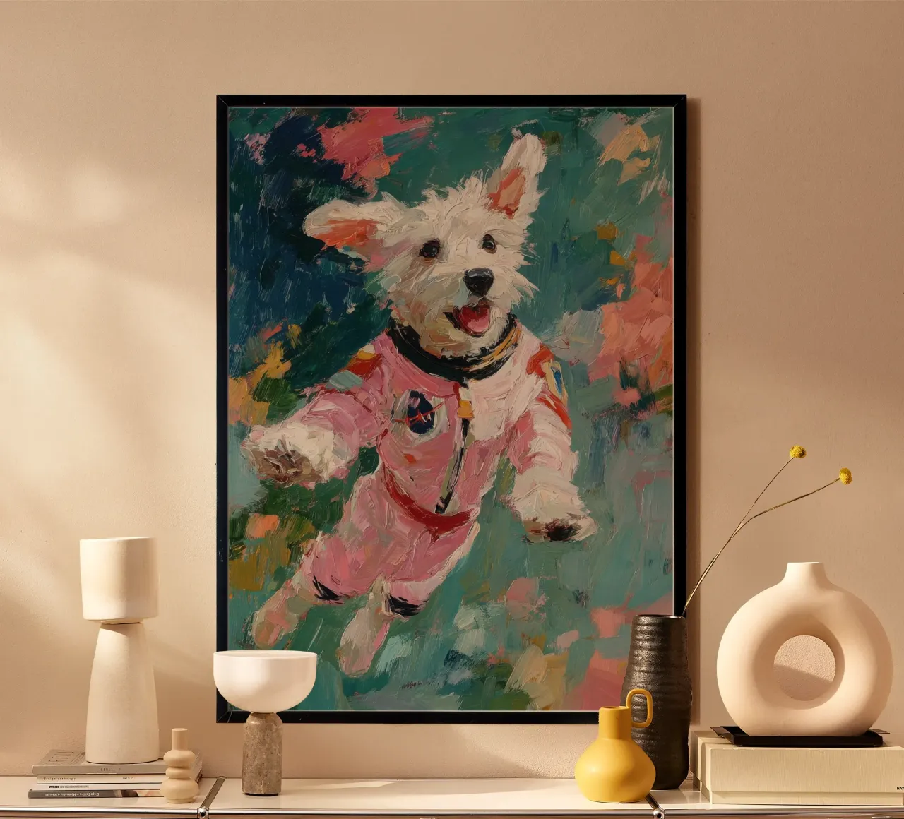 Chien blanc en combinaison spatiale hahnemühle de Nikis Art Studio