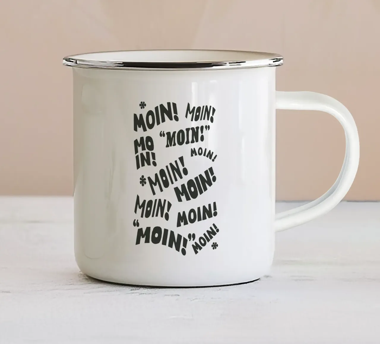 Moin! Tipografia tedesca Stampa Tipografia tedesca Design tazza in smalto da THE MOTIVATED TYPE