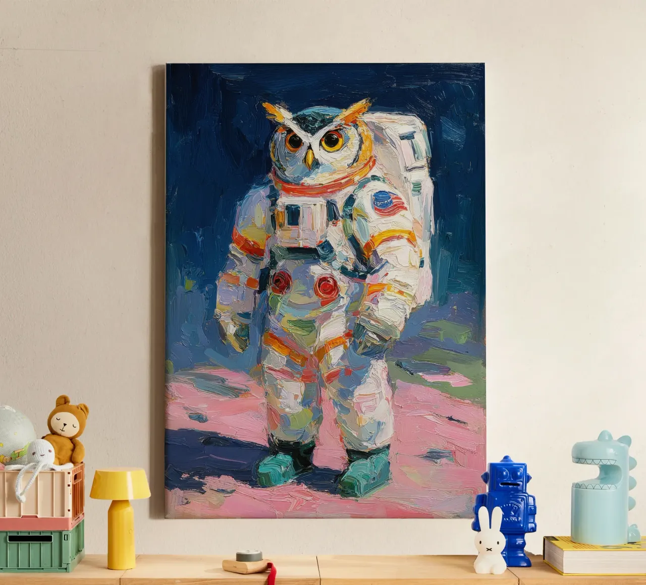 Eule im Raumanzug Leinwand von Nikis Art Studio