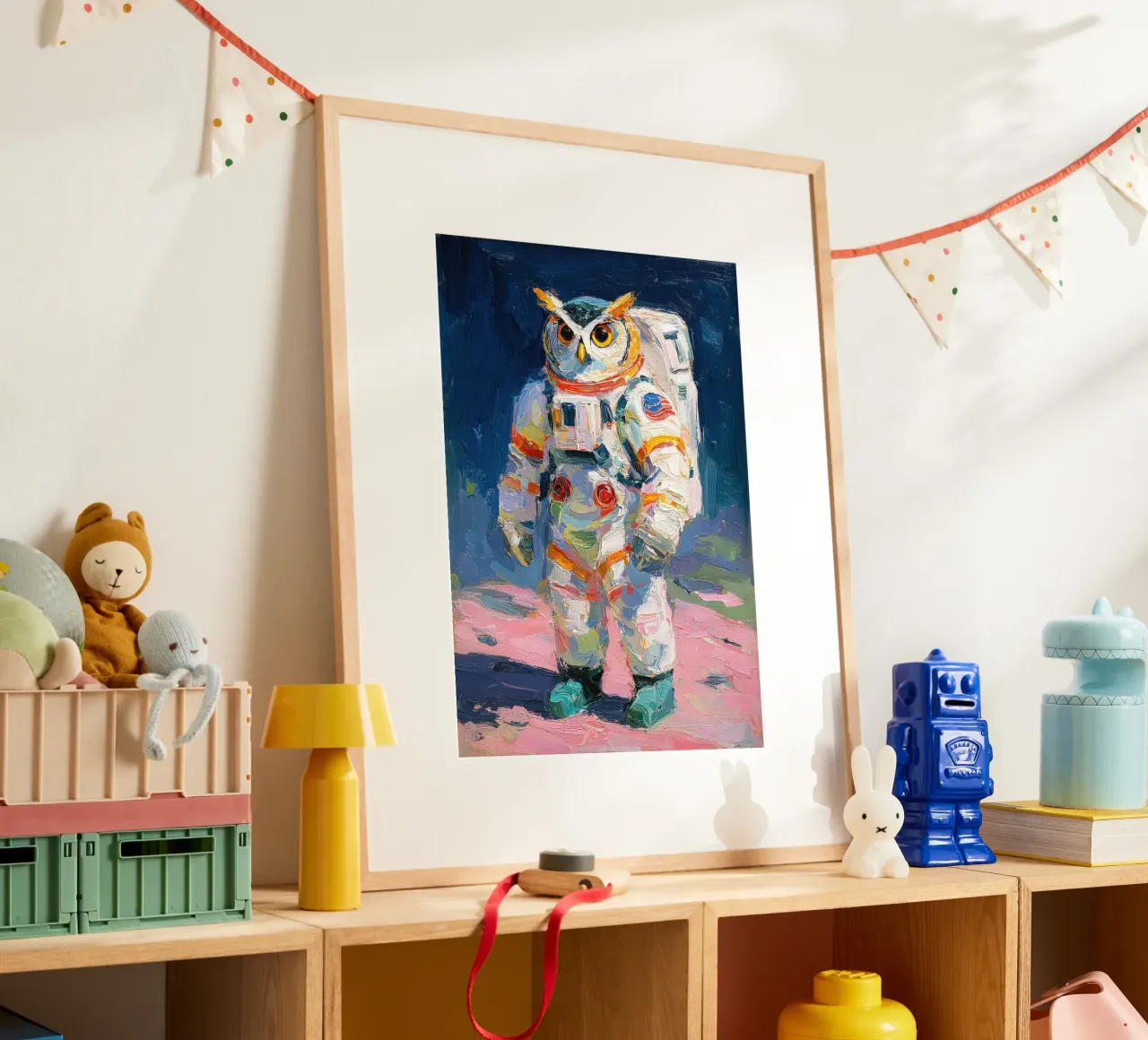 Uil in ruimtepak hahnemühle van Nikis Art Studio