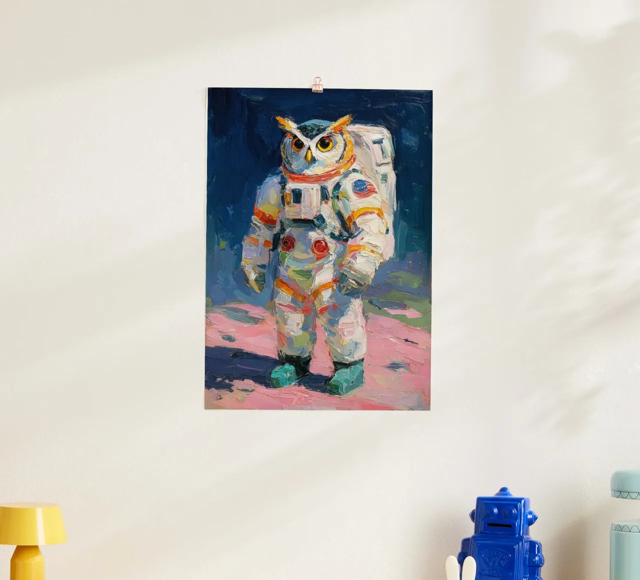 Uil in ruimtepak hahnemühle van Nikis Art Studio