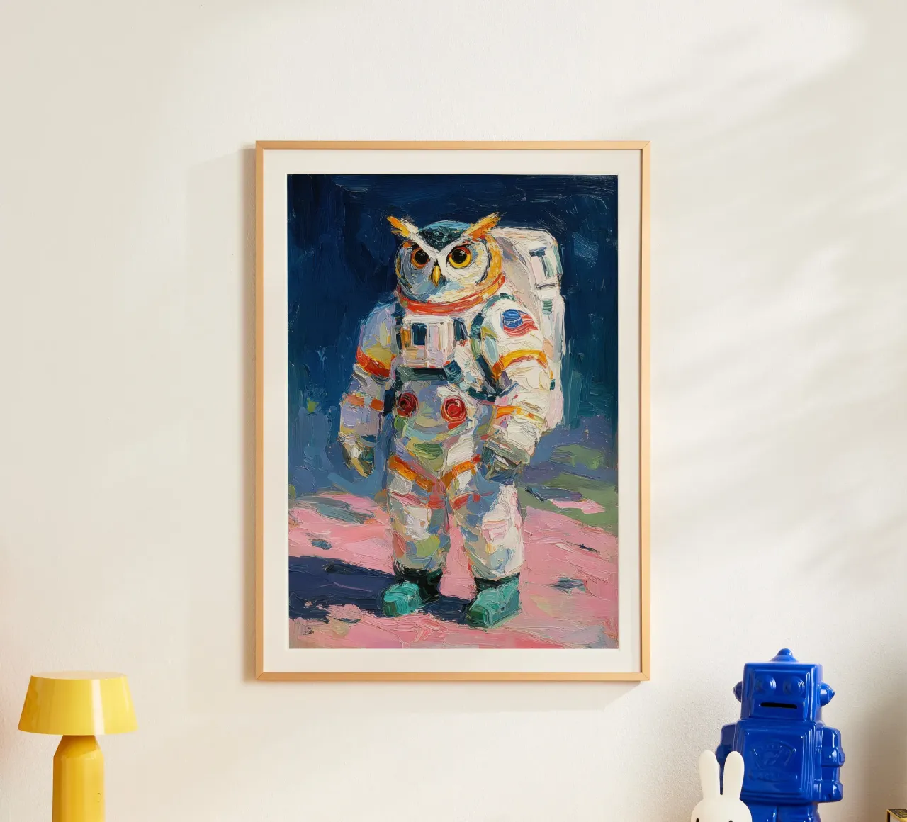 Uil in ruimtepak hahnemühle van Nikis Art Studio