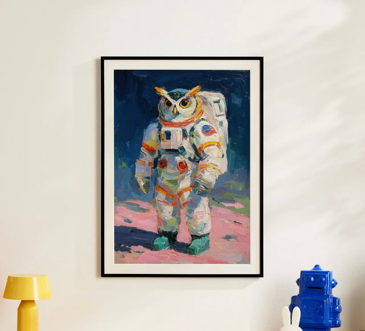Uil in ruimtepak hahnemühle van Nikis Art Studio
