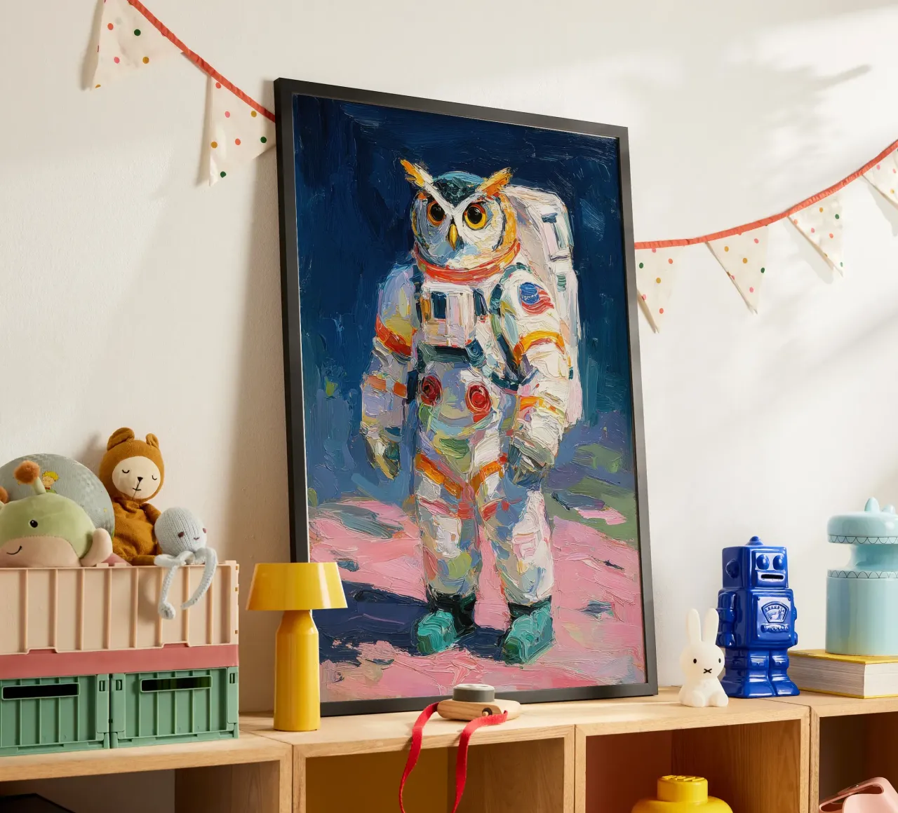 Uil in ruimtepak hahnemühle van Nikis Art Studio