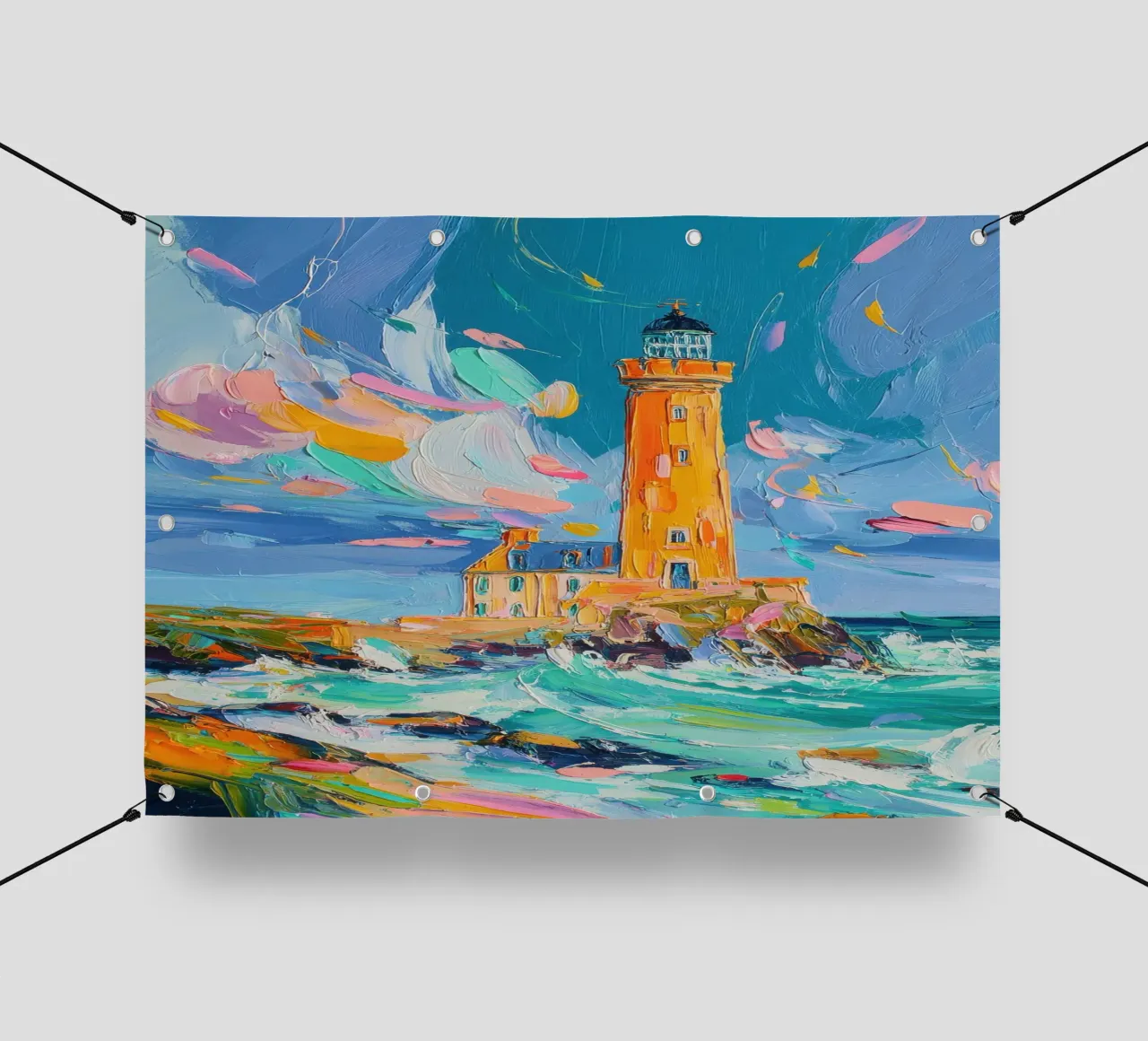 Faro colorato in riva al mare telo in pvc da Nikis Art Studio