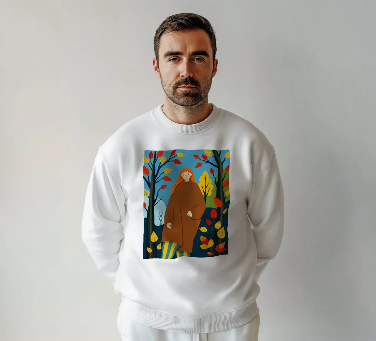 Donna che indossa un accogliente maglione in autunno e nella stagione autunnale felpa da ARTOMATIC