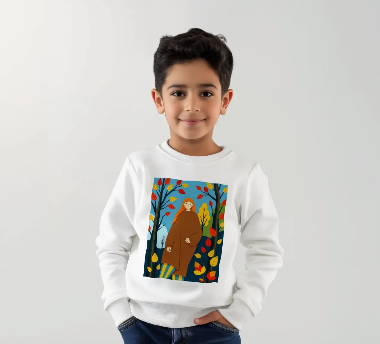 Donna che indossa un accogliente maglione in autunno e nella stagione autunnale felpa bambino da ARTOMATIC