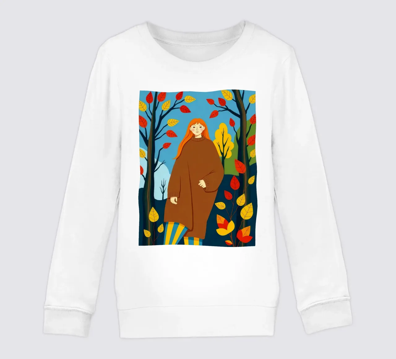 Donna che indossa un accogliente maglione in autunno e nella stagione autunnale felpa bambino da ARTOMATIC