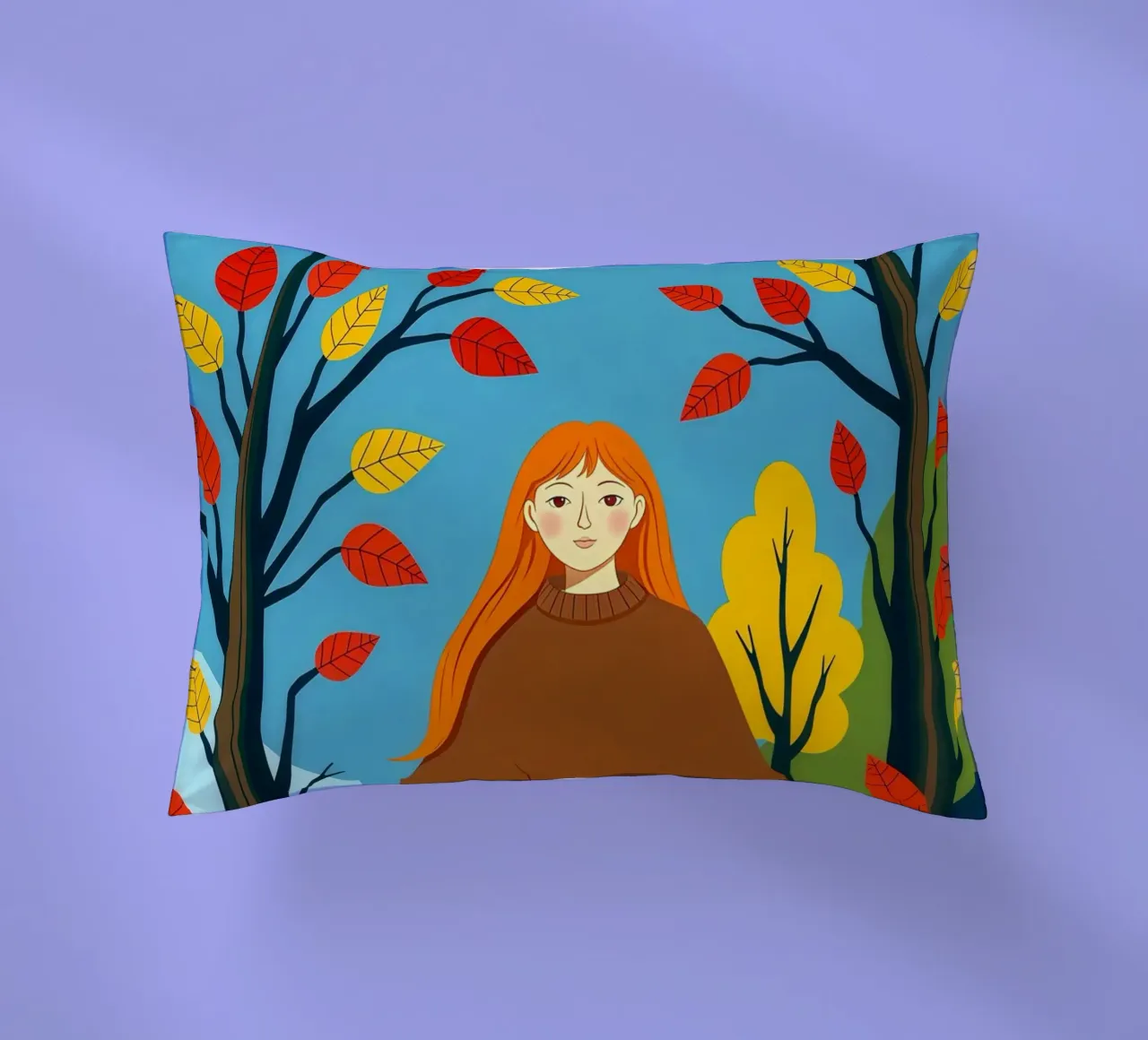 Donna che indossa un accogliente maglione in autunno e nella stagione autunnale cuscino da ARTOMATIC