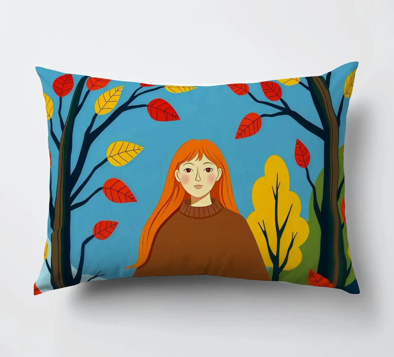 Donna che indossa un accogliente maglione in autunno e nella stagione autunnale cuscino da ARTOMATIC