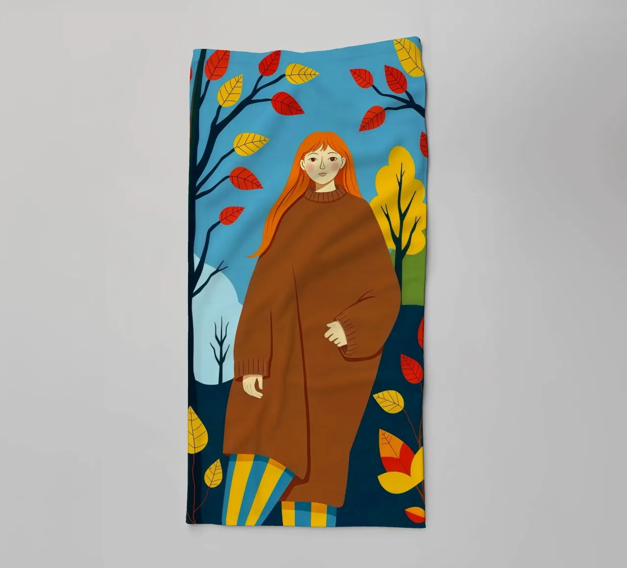Donna che indossa un accogliente maglione in autunno e nella stagione autunnale asciugamano da bagno da ARTOMATIC