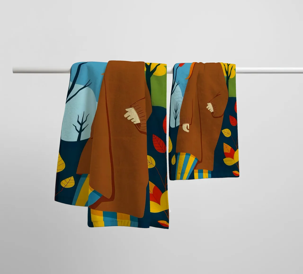 Donna che indossa un accogliente maglione in autunno e nella stagione autunnale asciugamano da bagno da ARTOMATIC