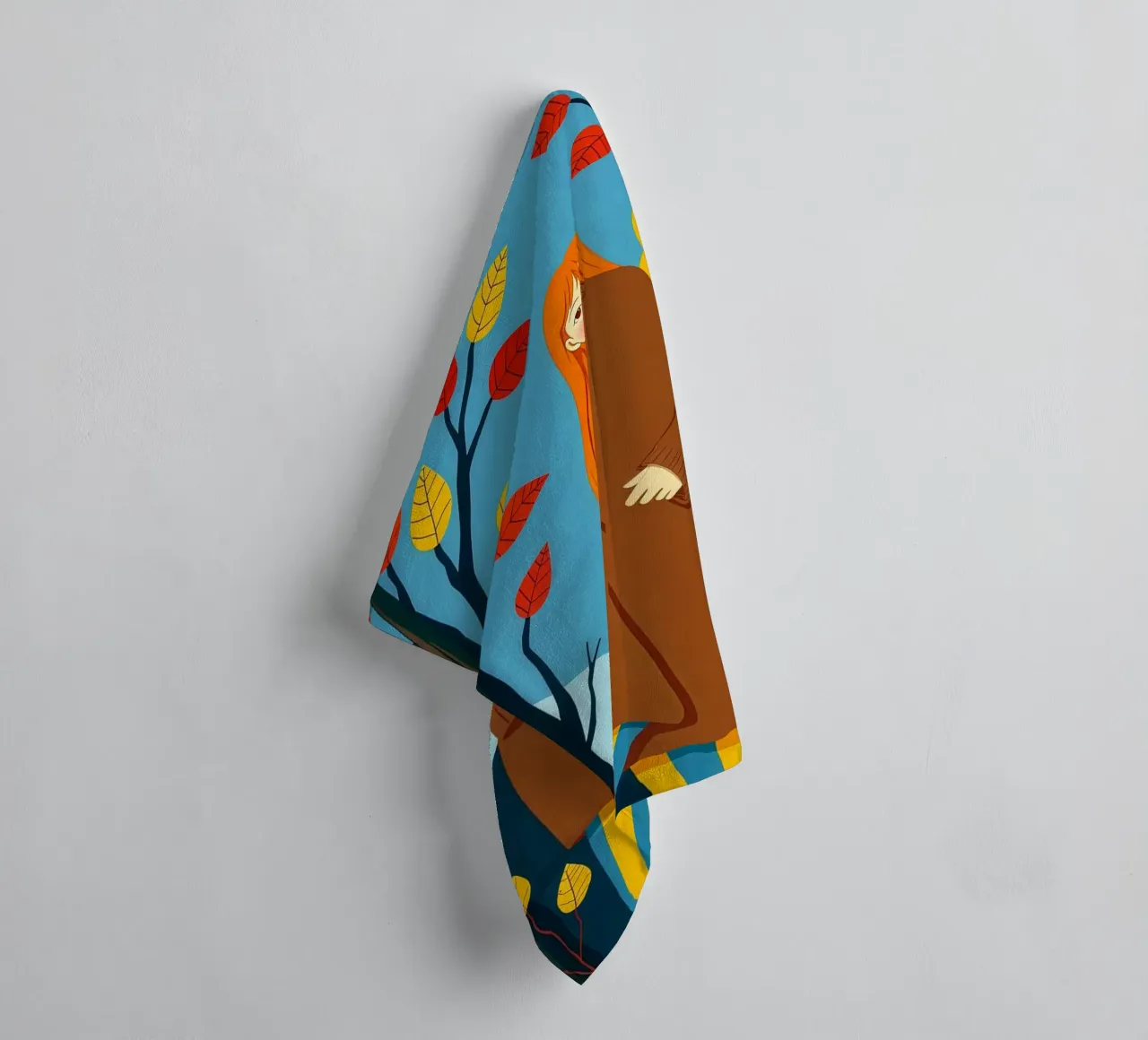 Donna che indossa un accogliente maglione in autunno e nella stagione autunnale asciugamano da bagno da ARTOMATIC