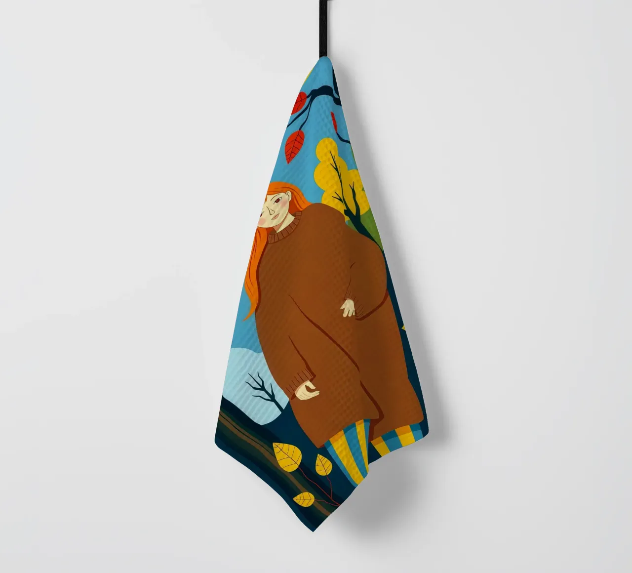 Donna che indossa un accogliente maglione in autunno e nella stagione autunnale canovaccio da cucina da ARTOMATIC