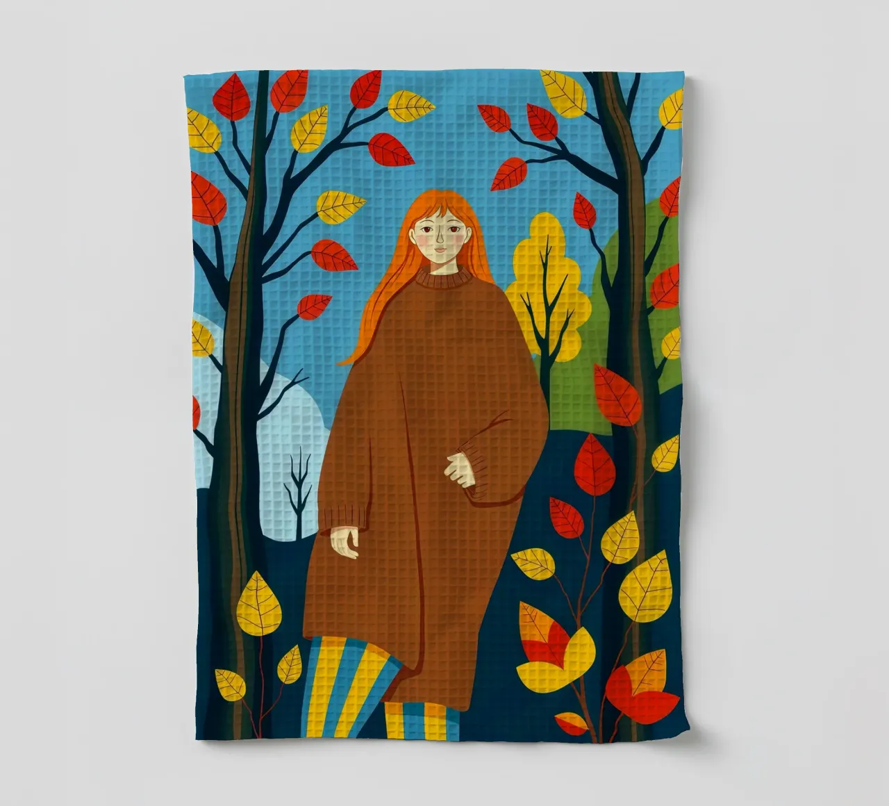 Donna che indossa un accogliente maglione in autunno e nella stagione autunnale canovaccio da cucina da ARTOMATIC