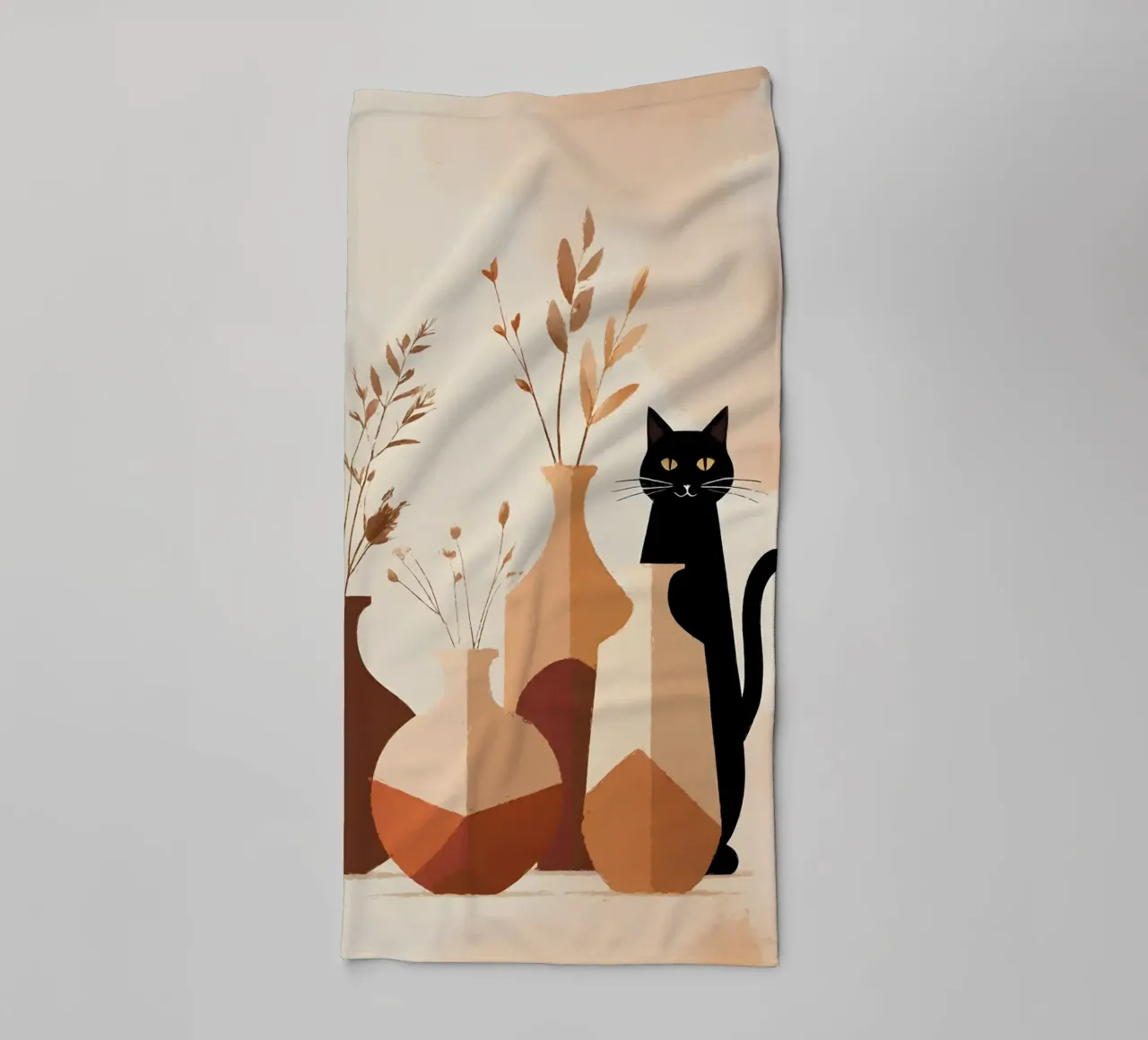 Minimalist Still Life with Black Cat and Vases towel by Bloom And Brush