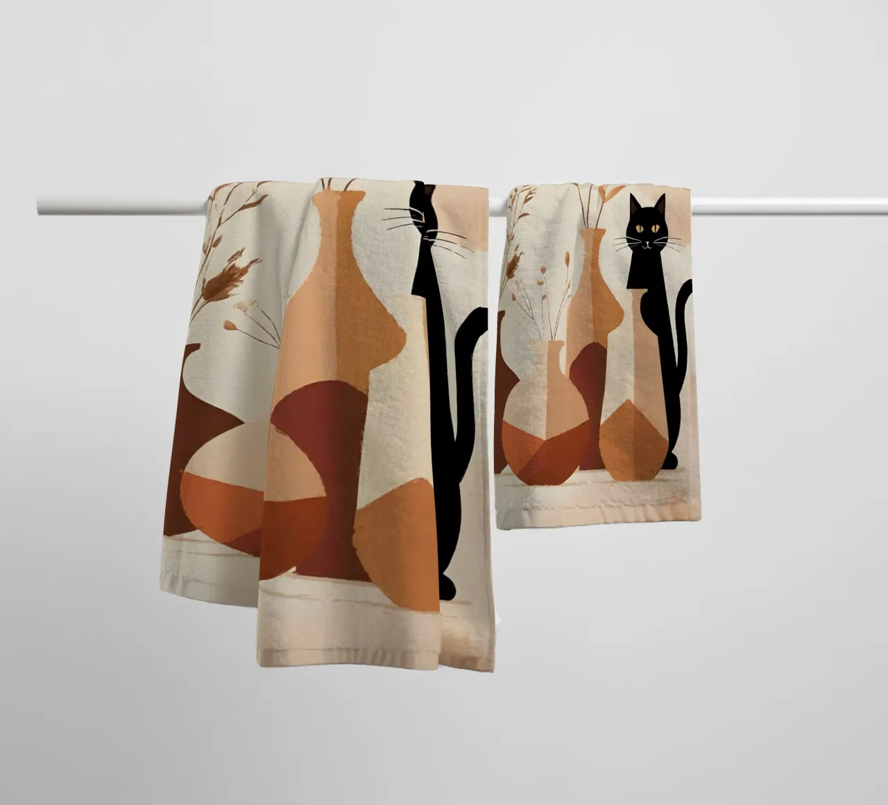Minimalist Still Life with Black Cat and Vases towel by Bloom And Brush