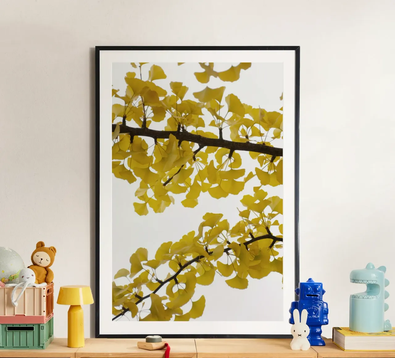 golden yellow ginko happiness poster con telaio in plastica da Studio Nahili