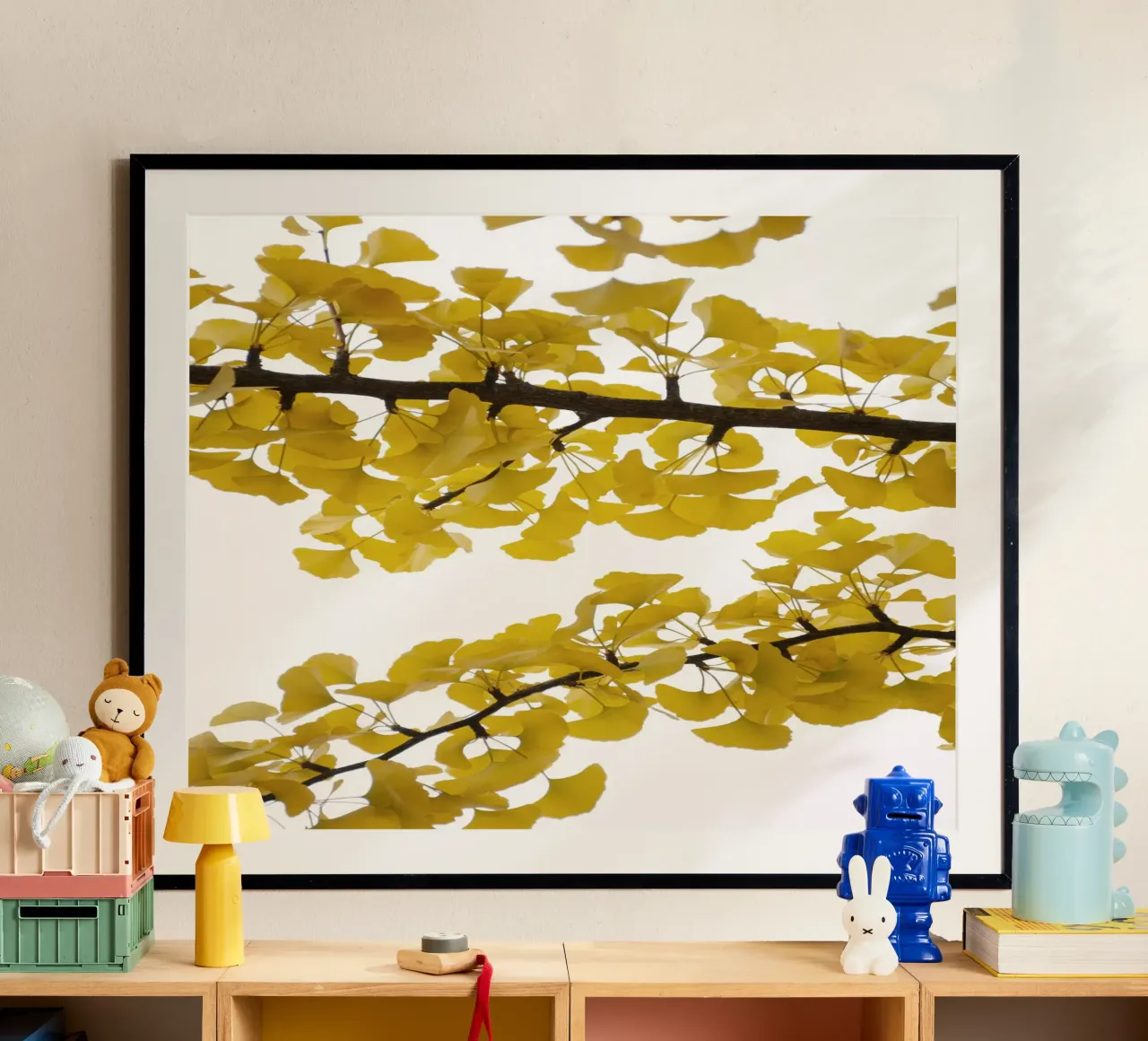 golden yellow ginko happiness poster con telaio in plastica da Studio Nahili
