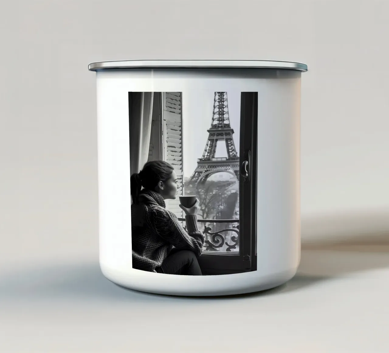 Kaffeepause in Paris enamel mug by M-Ulrich-Digital Art