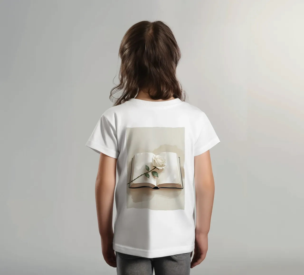 Un'illustrazione digitale minimalista di un libro aperto, con un si t-shirt bambini da Bloom And Brush