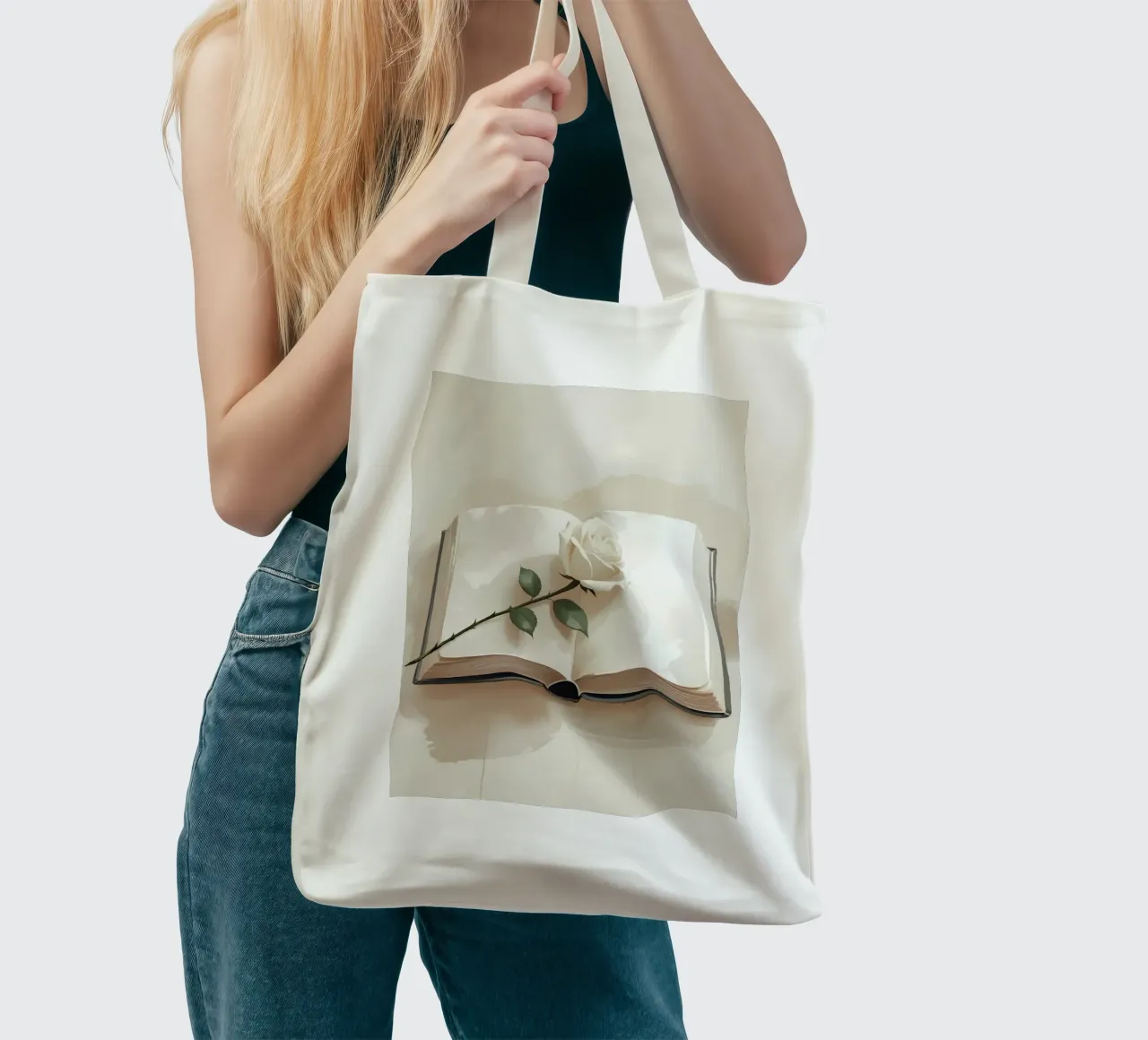 Un'illustrazione digitale minimalista di un libro aperto, con un si borsa in juta da Bloom And Brush