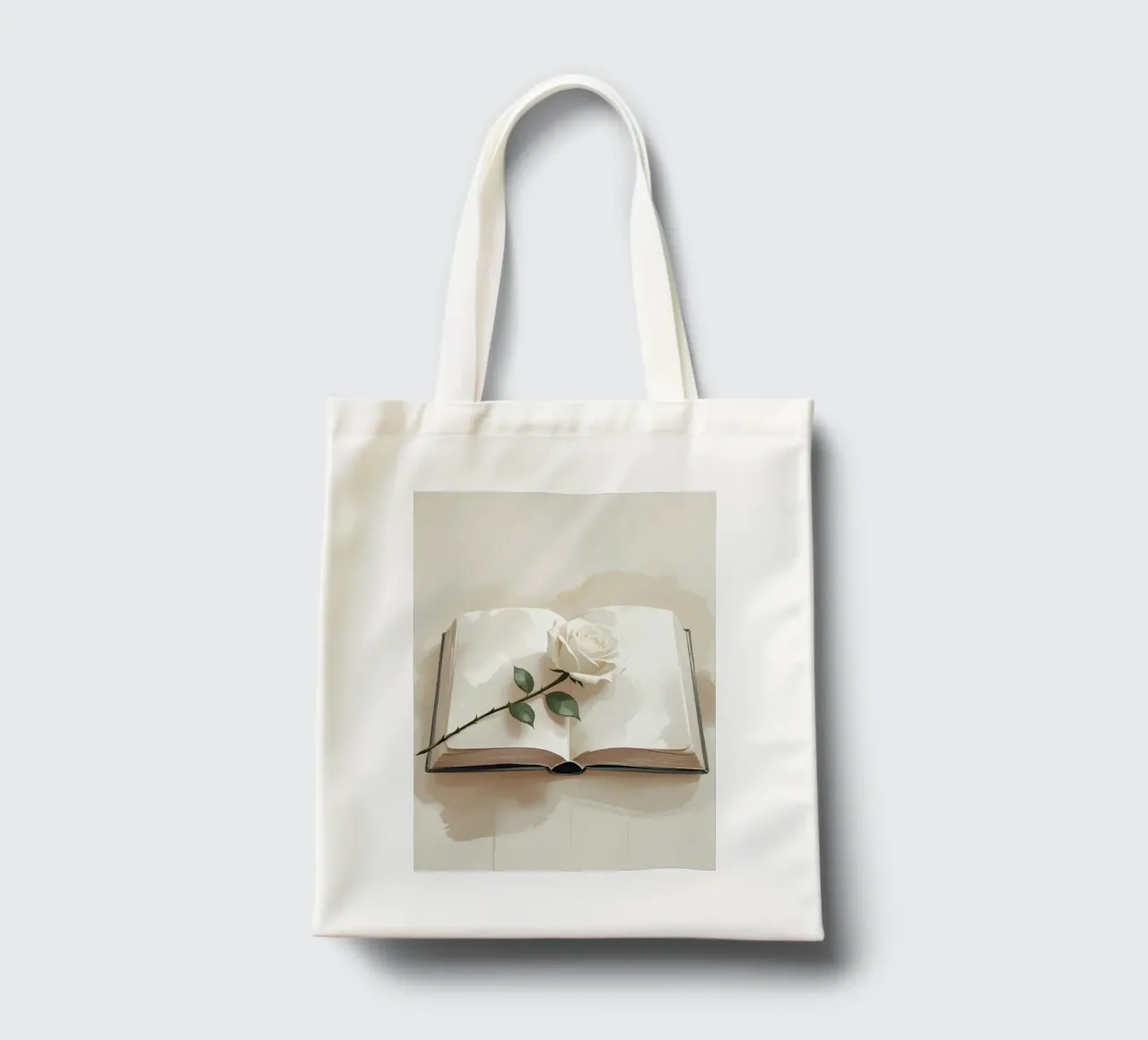 Un'illustrazione digitale minimalista di un libro aperto, con un si borsa in juta da Bloom And Brush