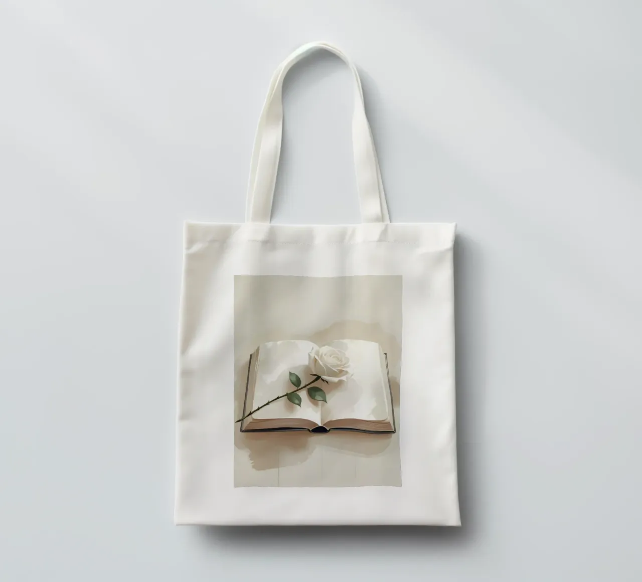 Un'illustrazione digitale minimalista di un libro aperto, con un si borsa in juta da Bloom And Brush