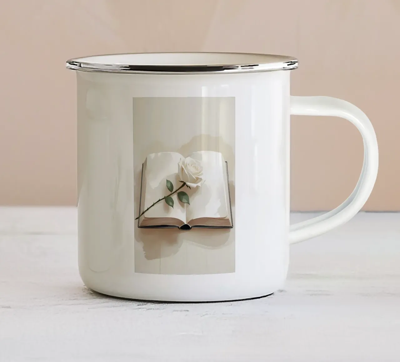 Un'illustrazione digitale minimalista di un libro aperto, con un si tazza in smalto da Bloom And Brush