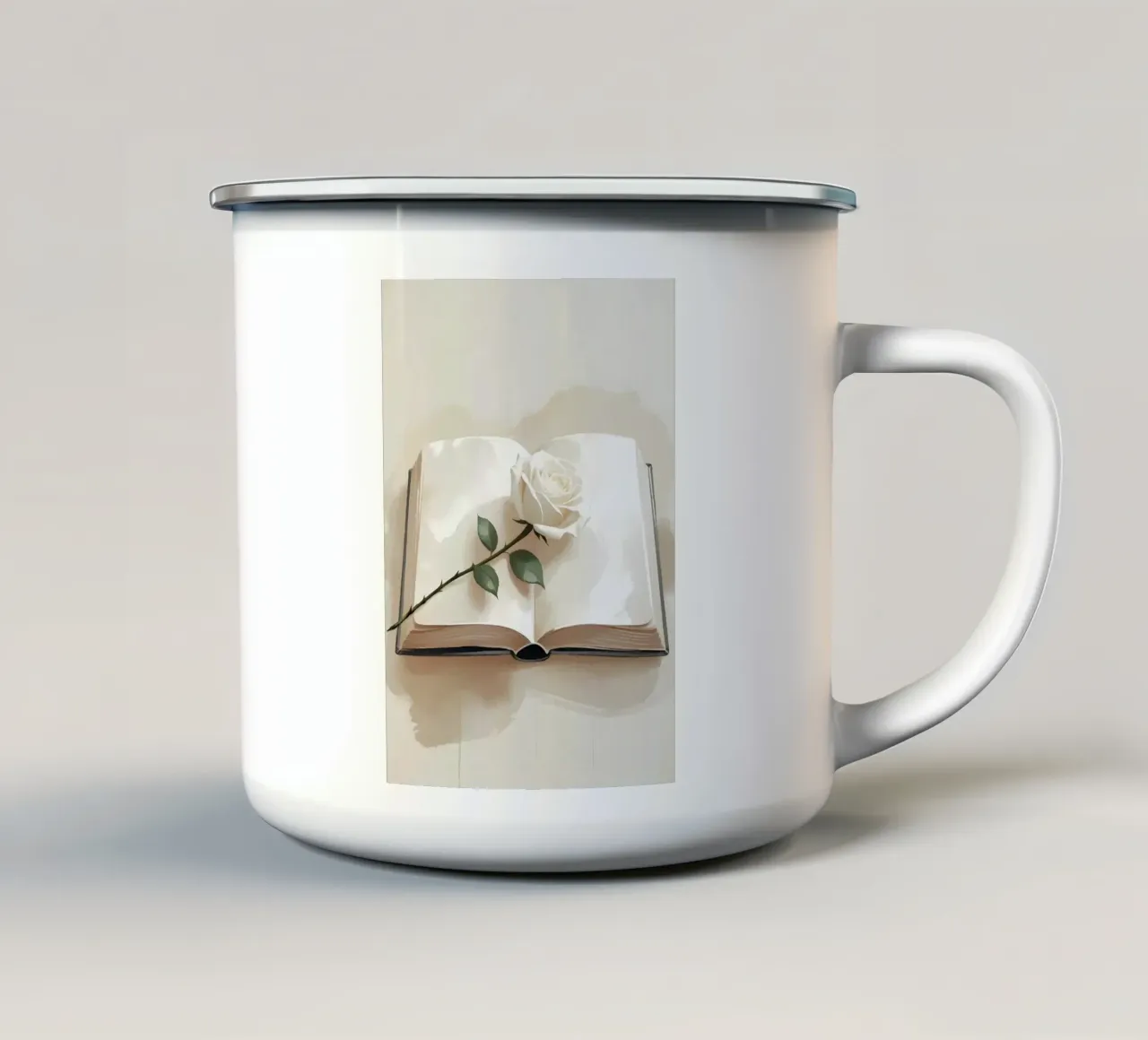 Un'illustrazione digitale minimalista di un libro aperto, con un si tazza in smalto da Bloom And Brush
