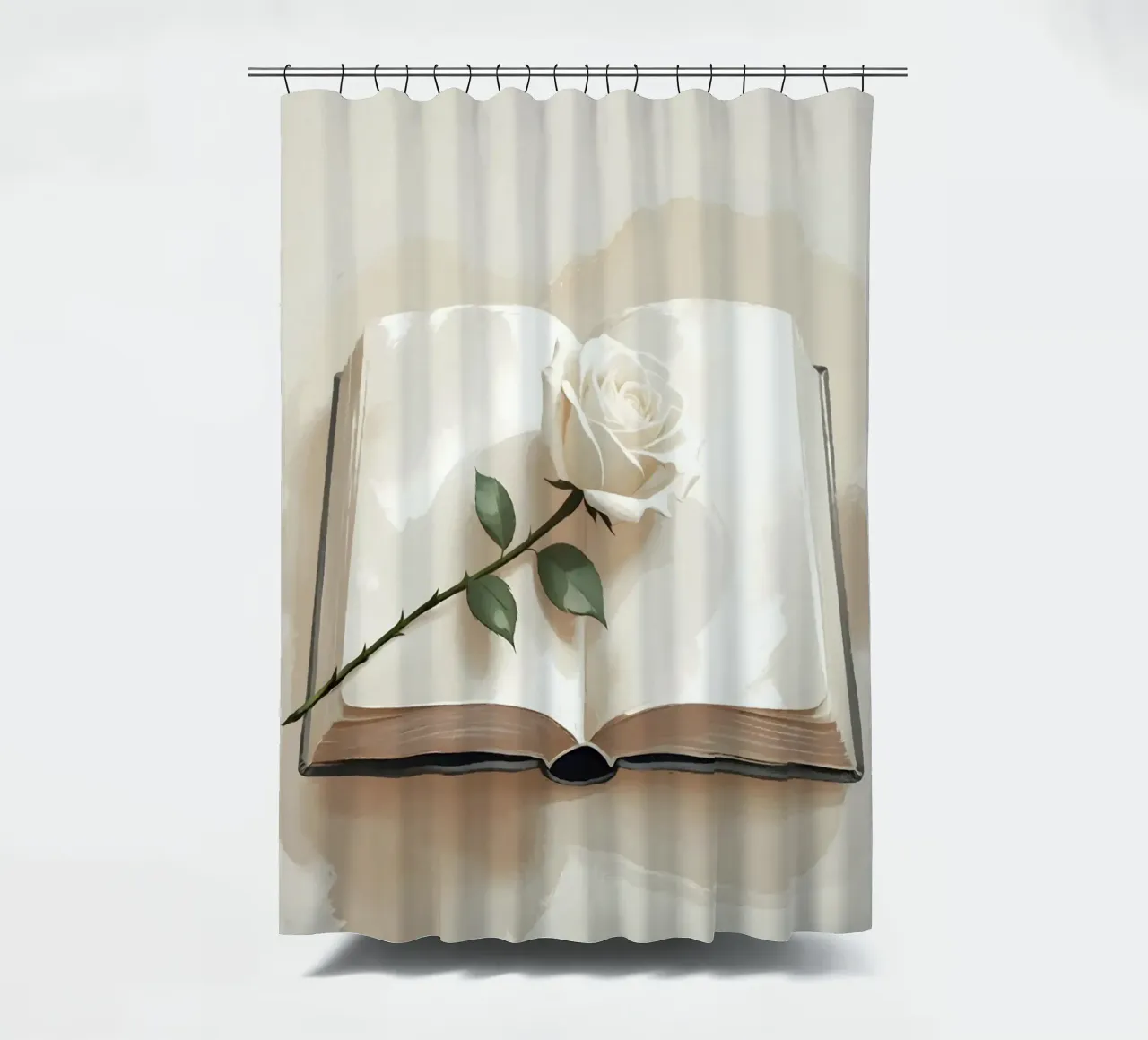 Un'illustrazione digitale minimalista di un libro aperto, con un si tenda da doccia da Bloom And Brush