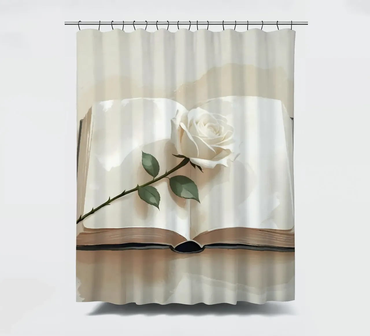 Un'illustrazione digitale minimalista di un libro aperto, con un si tenda da doccia da Bloom And Brush