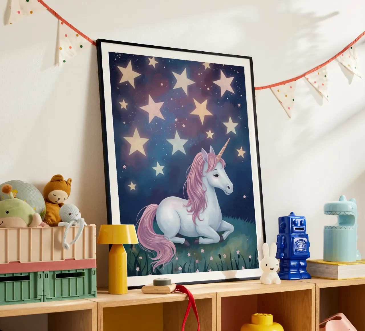 Cute White unicorn resting under starry night sky poster by DesignDoodle