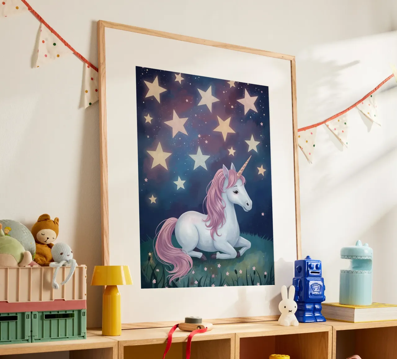 Cute White unicorn resting under starry night sky poster by DesignDoodle