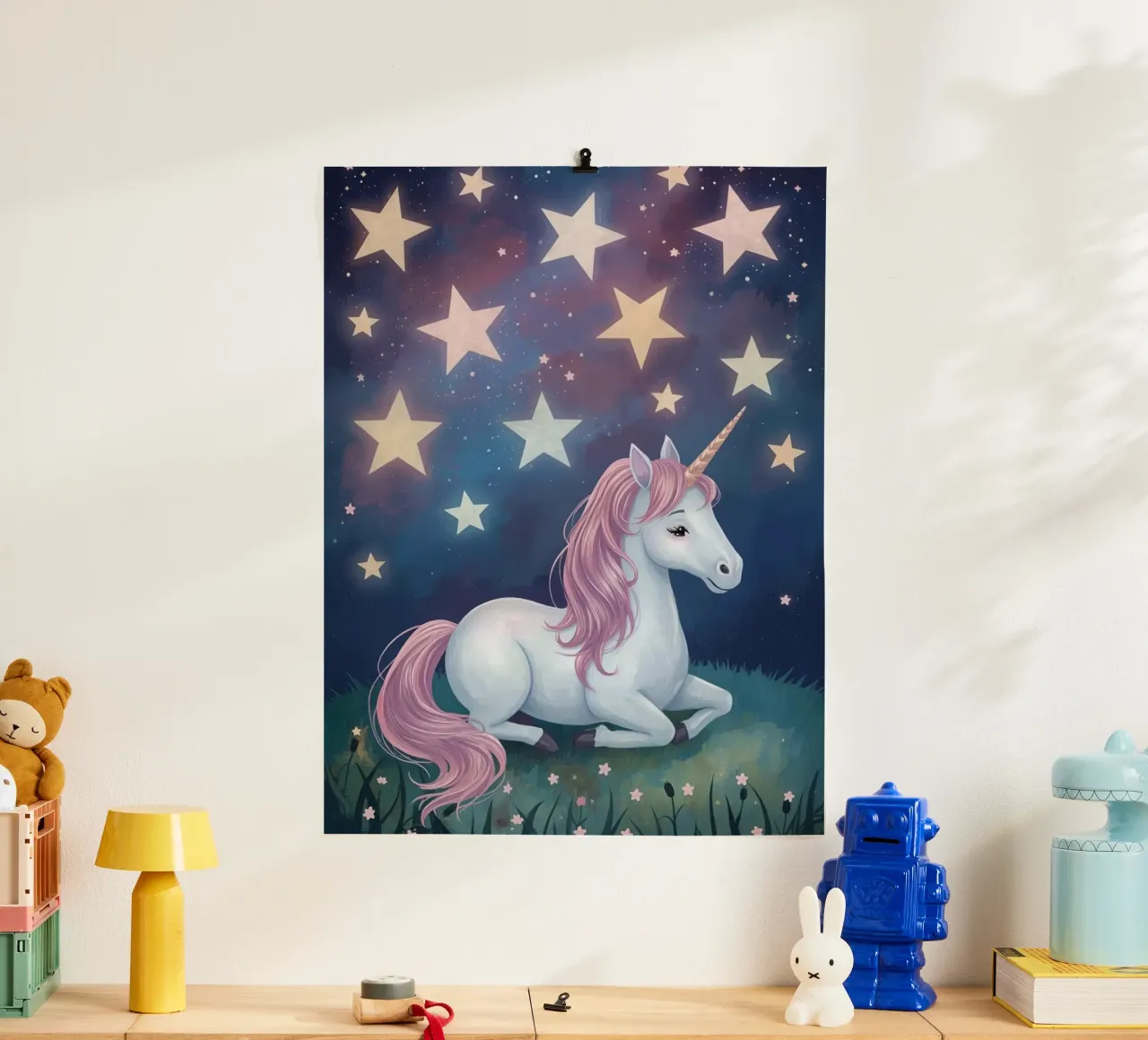 Cute White unicorn resting under starry night sky poster by DesignDoodle