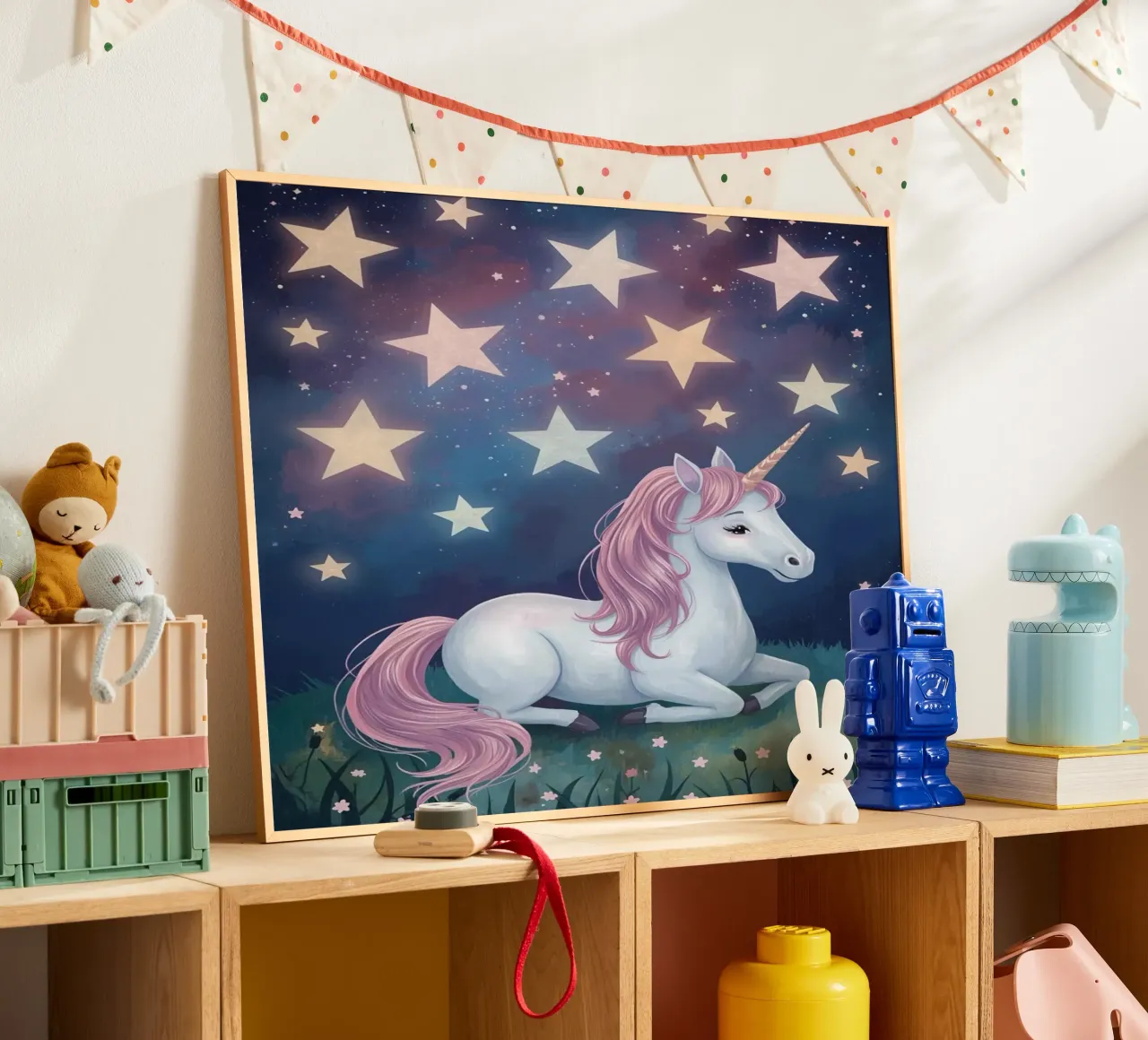 Cute White unicorn resting under starry night sky poster by DesignDoodle