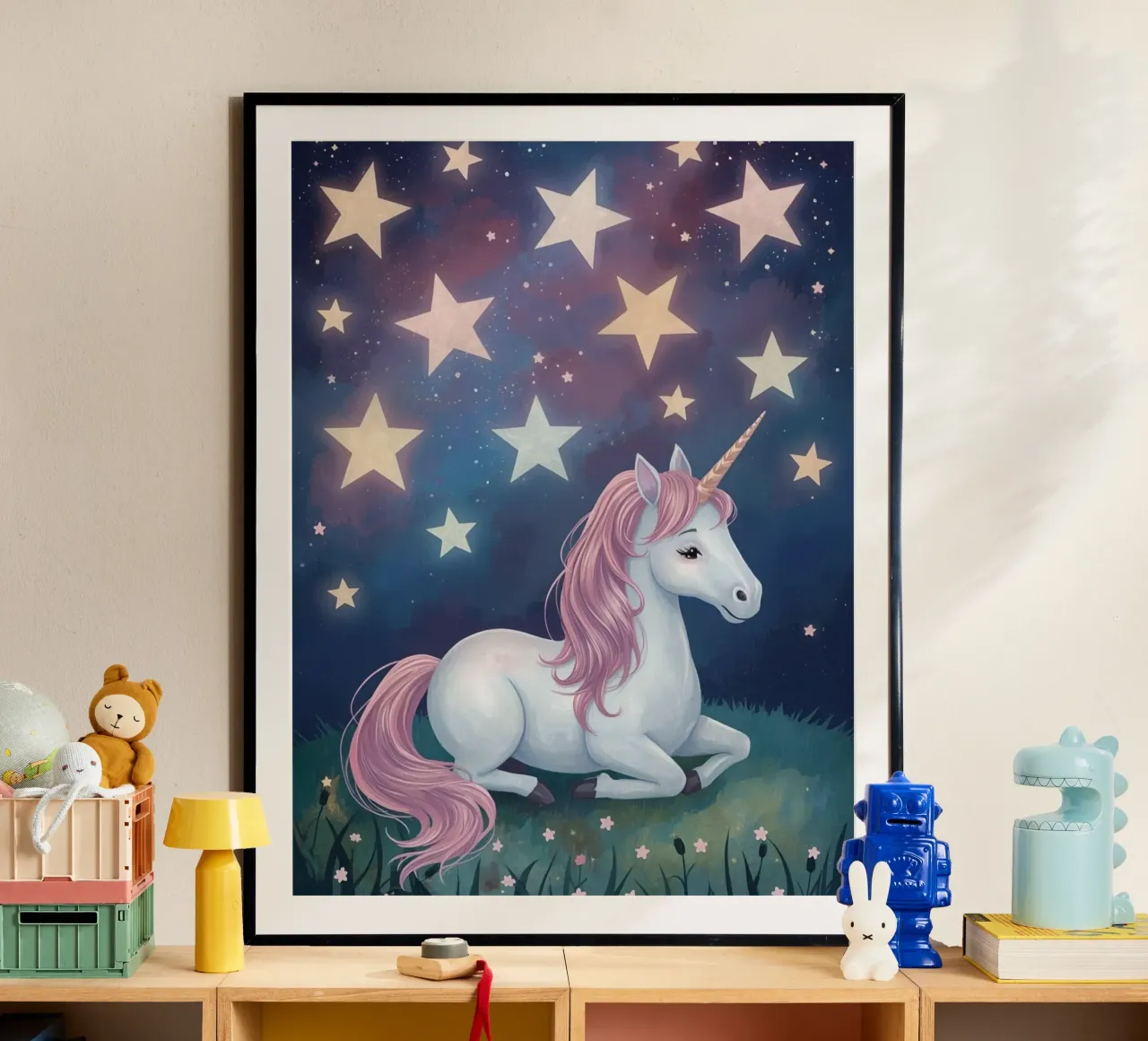 Cute White unicorn resting under starry night sky poster by DesignDoodle