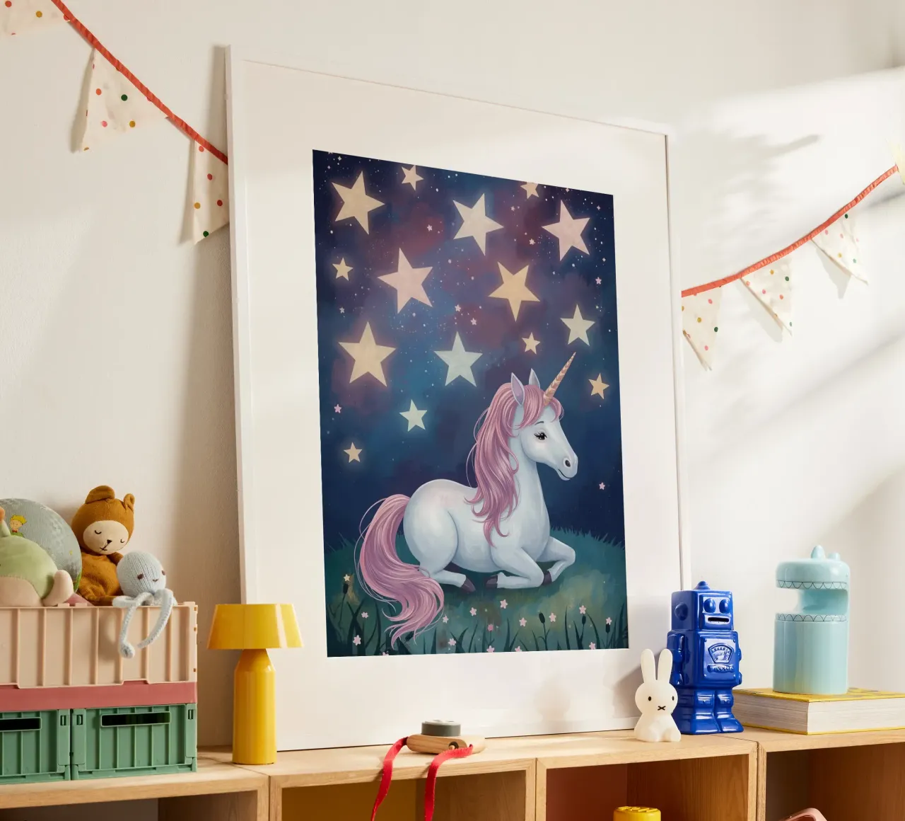Cute White unicorn resting under starry night sky poster by DesignDoodle