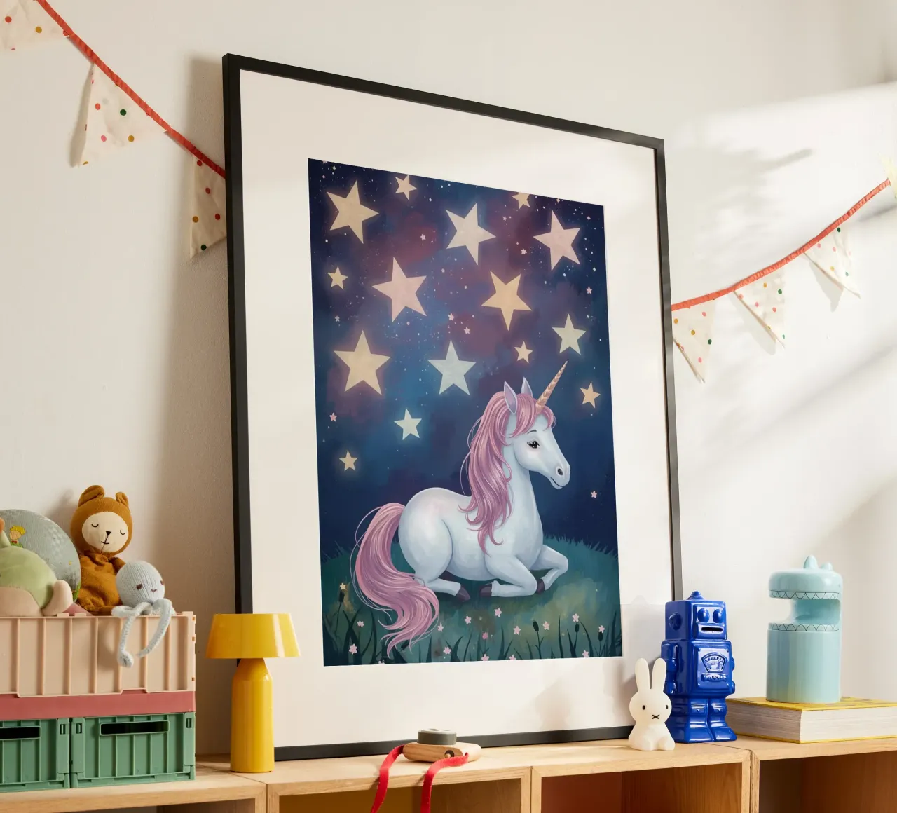 Cute White unicorn resting under starry night sky poster by DesignDoodle